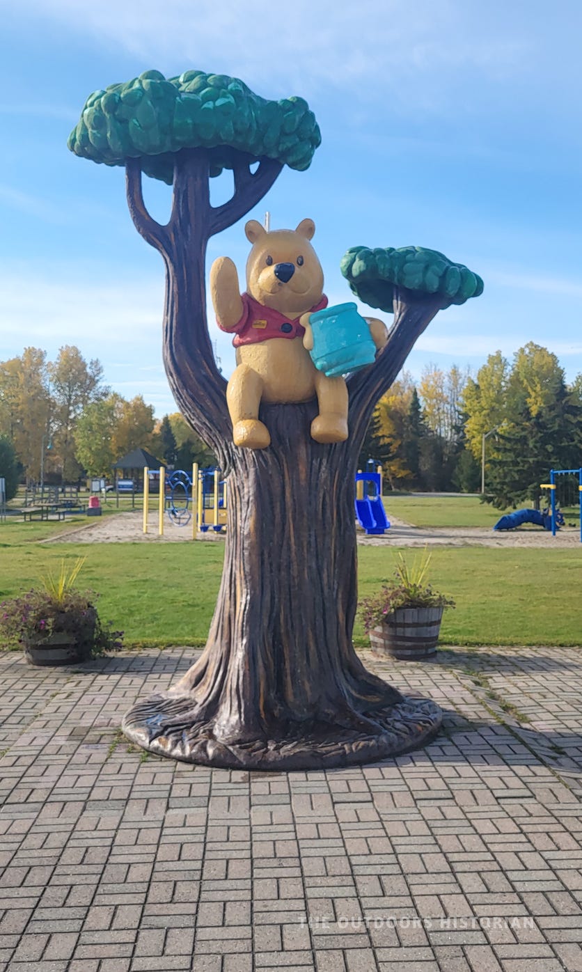 A head-on photograph of the Winnie the Pooh statue in White River on a sunny day. The statue depicts Pooh sitting in a sculpted tree, holding a bucket of honey. A children's playground is visible in the background.