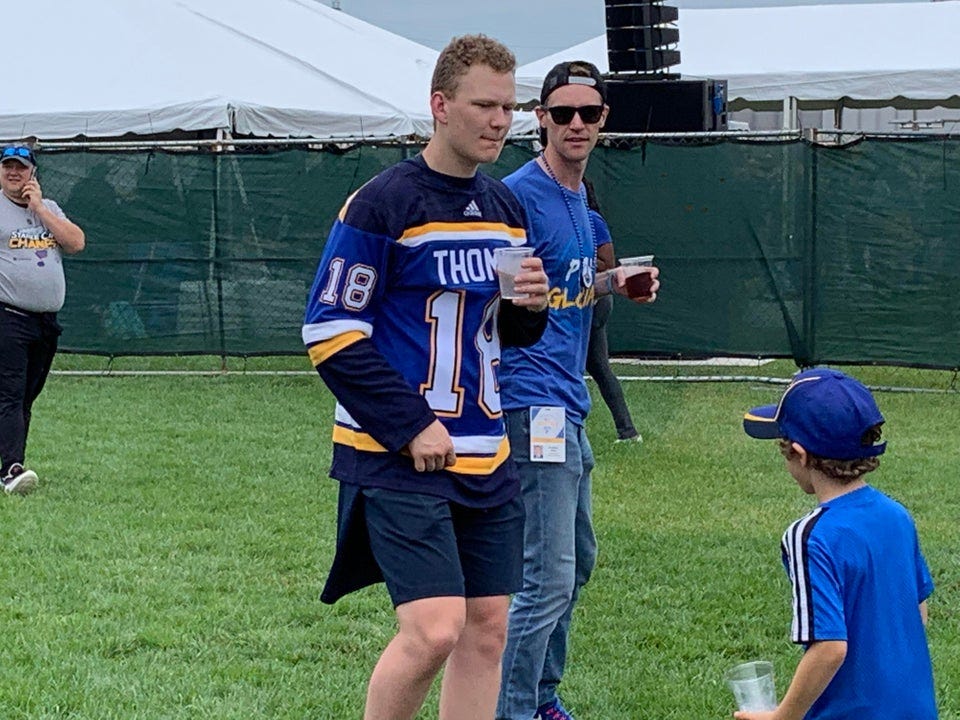 r/hockey - 19 year old Brady Tkachuk parading around St. Louis drinking “water” in a Robert Thomas jersey.