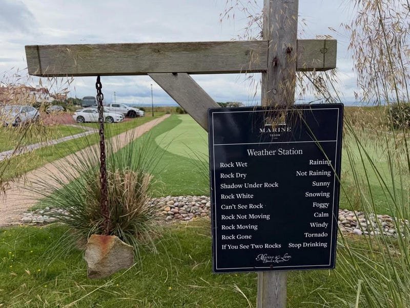 Comedy 'weather station' at the Marine in Troon, featuring a rock hanging on a chain and interpretations like "rock wet = raining", "rock not moving = calm", "rock gone = tornado" and "if you see two rocks = stop drinking"