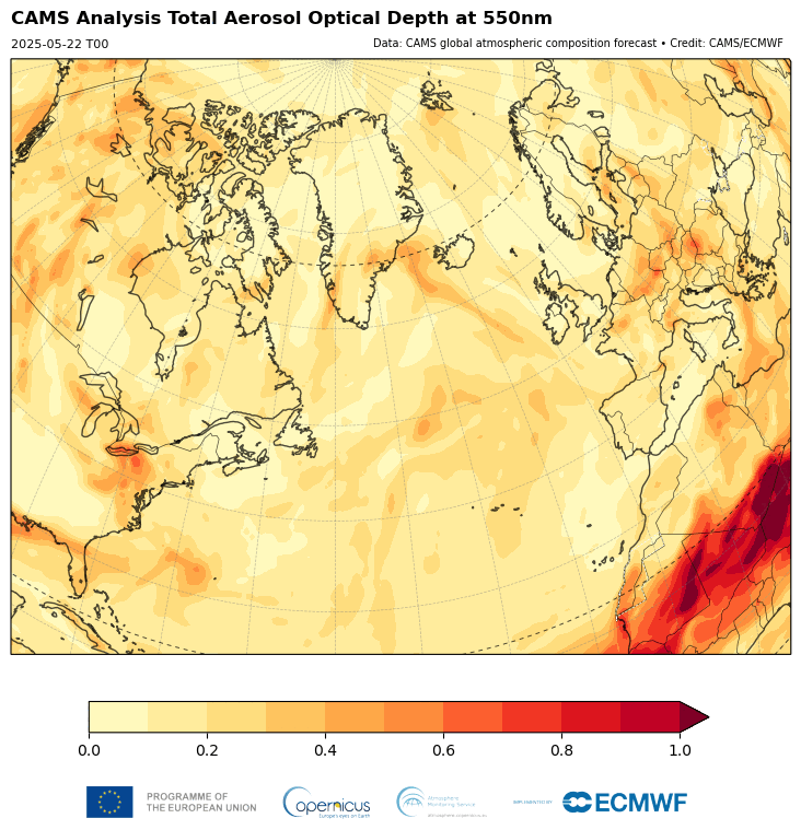 Animation of CAMS total aerosol optical depth analyses over the North Atlantic Animation of CAMS total aerosol optical depth analyses over the North Atlantic