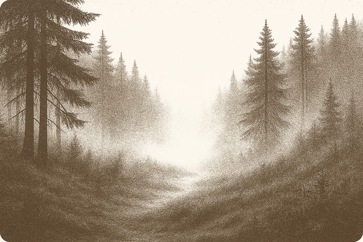 An illustration of a foggy path through the forest An illustration of a foggy path through the forest