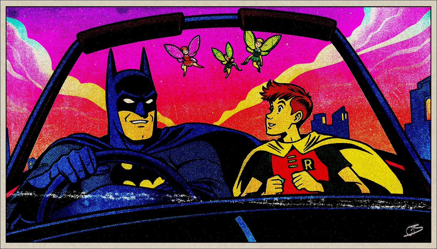 Batman and Robin. Robin is tripping.
