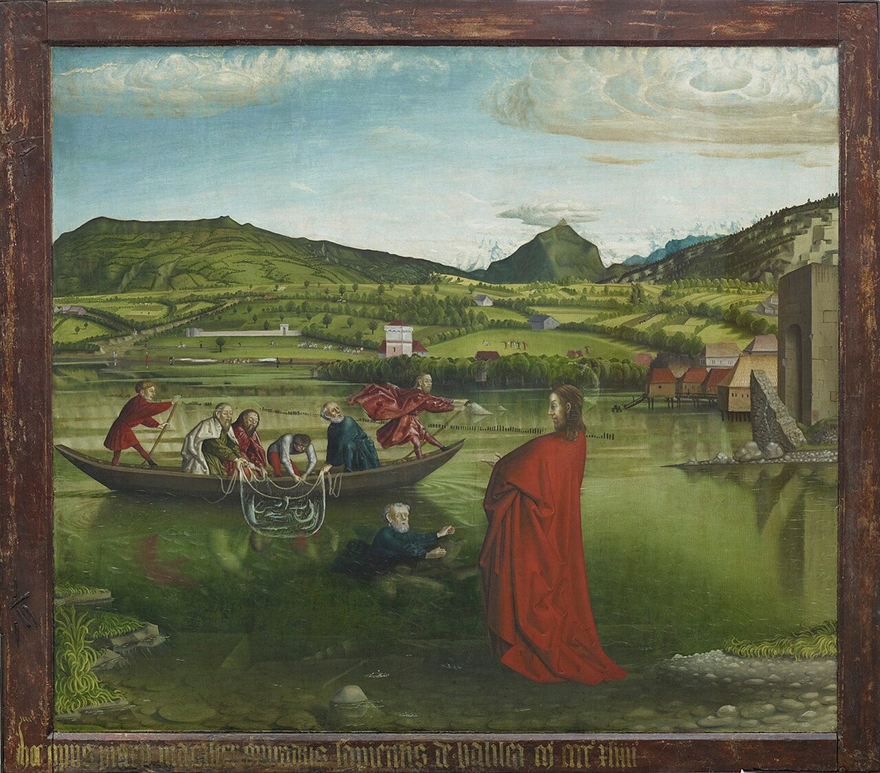 Apostles hauling a net full of fish from a boat on a lake, Christ standing on the shore and mountains behind Apostles hauling a net full of fish from a boat on a lake, Christ standing on the shore and mountains behind
