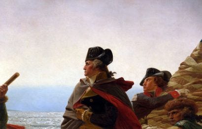 A closeup of George Washington in "Washington Crossing the Delaware/"