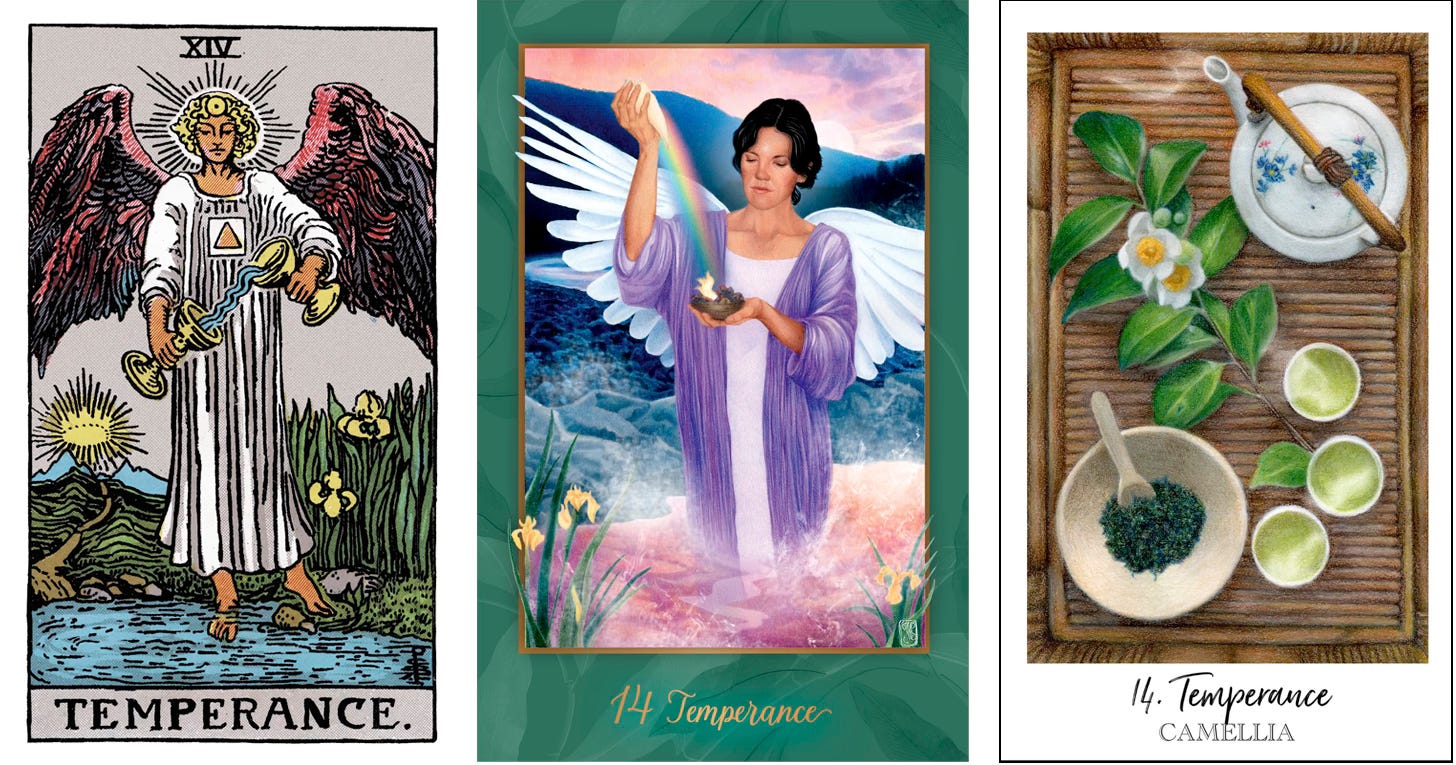 Temperance, Rider-Waite-Smith deck; Temperance, Gaian Tarot; Camellia / Temperance, Herbcrafter’s Tarot.