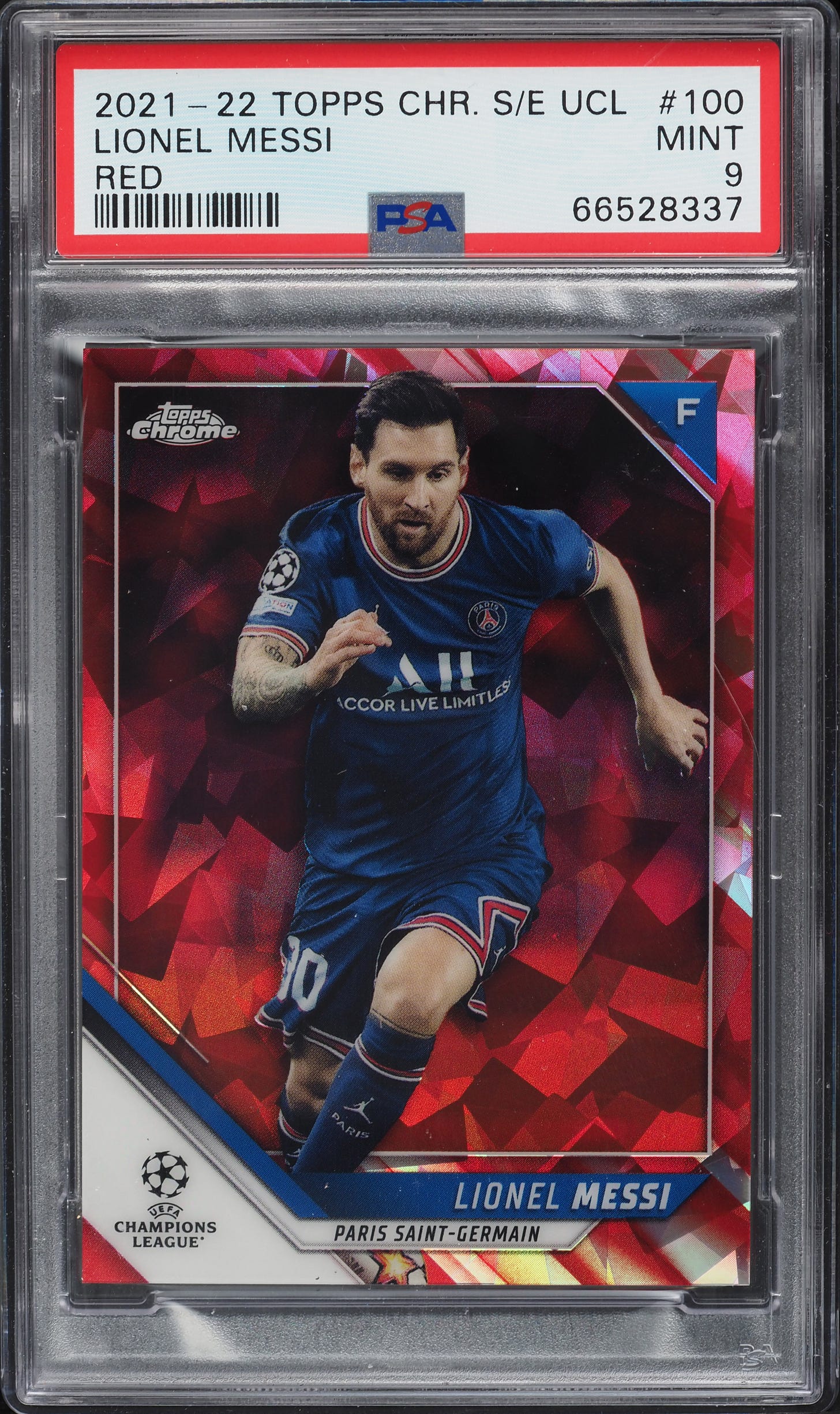 2021 Topps Chrome Sapphire UEFA Red Refractor Lionel Messi /5 #100 PSA 9 MINT - Front