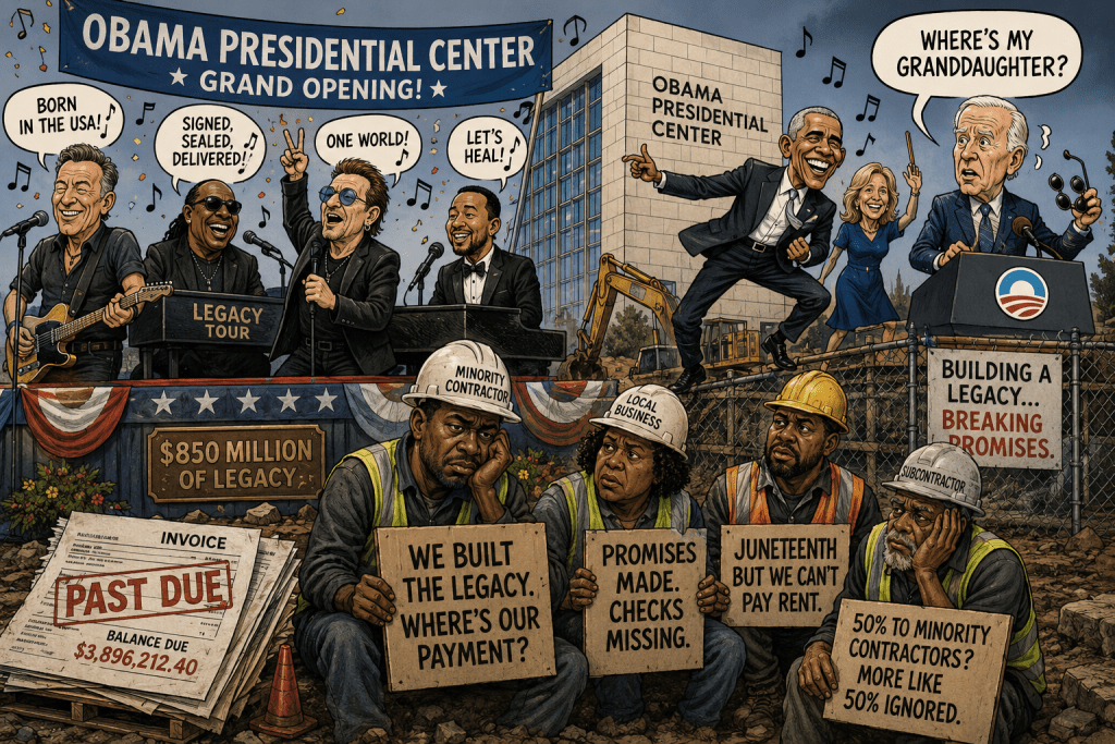 Illustration depicting the grand opening of the Obama Presidential Center with notable musicians performing and a construction scene highlighting issues faced by local contractors. Illustration depicting the grand opening of the Obama Presidential Center with notable musicians performing and a construction scene highlighting issues faced by local contractors.