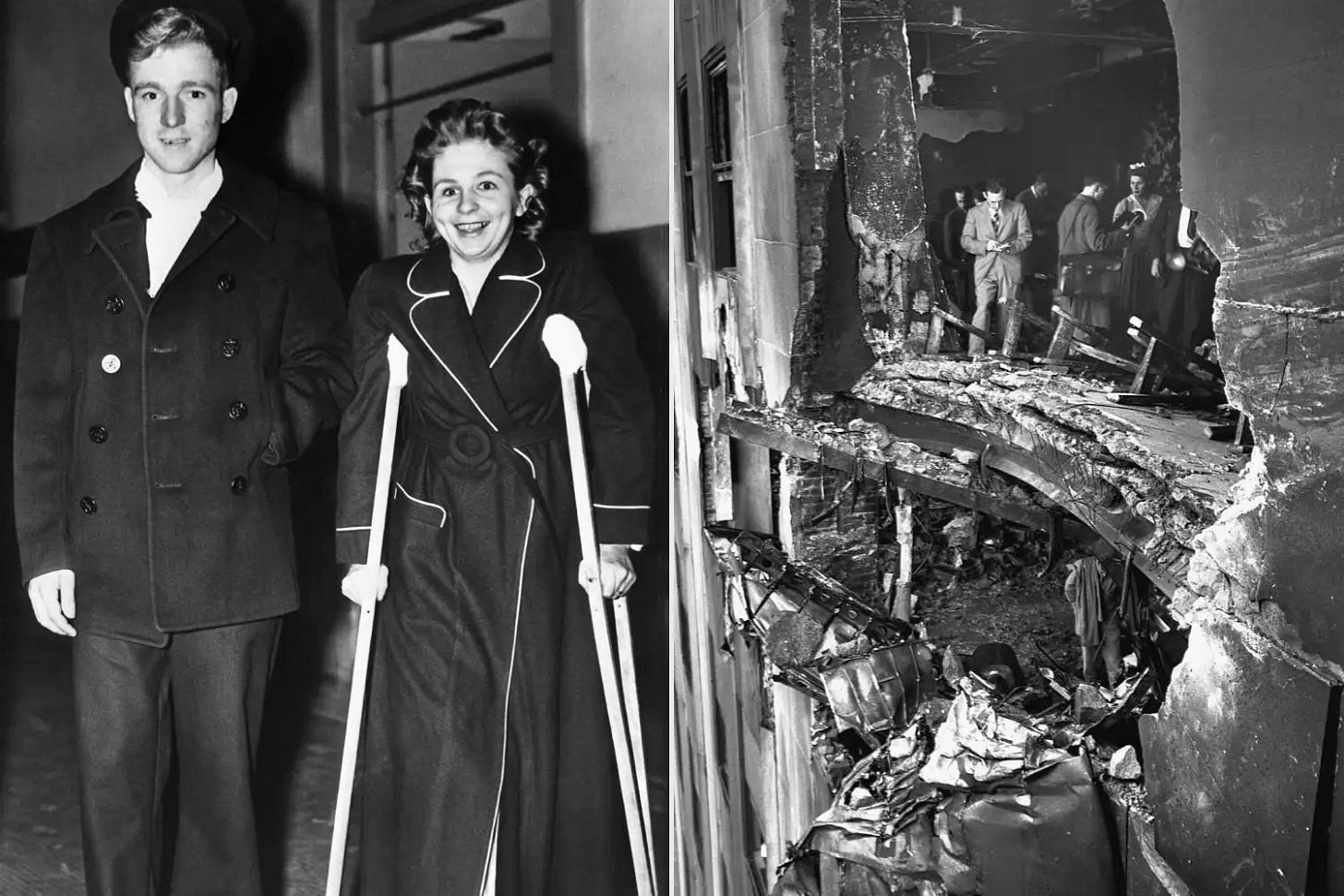 Betty Lou Oliver surprises her husband by showing him she can walk again; A view of the hole rammed into the 78th and 79th stories of the Empire State Building by a U.S. Army Bomber flying in the fog. Betty Lou Oliver surprises her husband by showing him she can walk again; A view of the hole rammed into the 78th and 79th stories of the Empire State Building by a U.S. Army Bomber flying in the fog.
