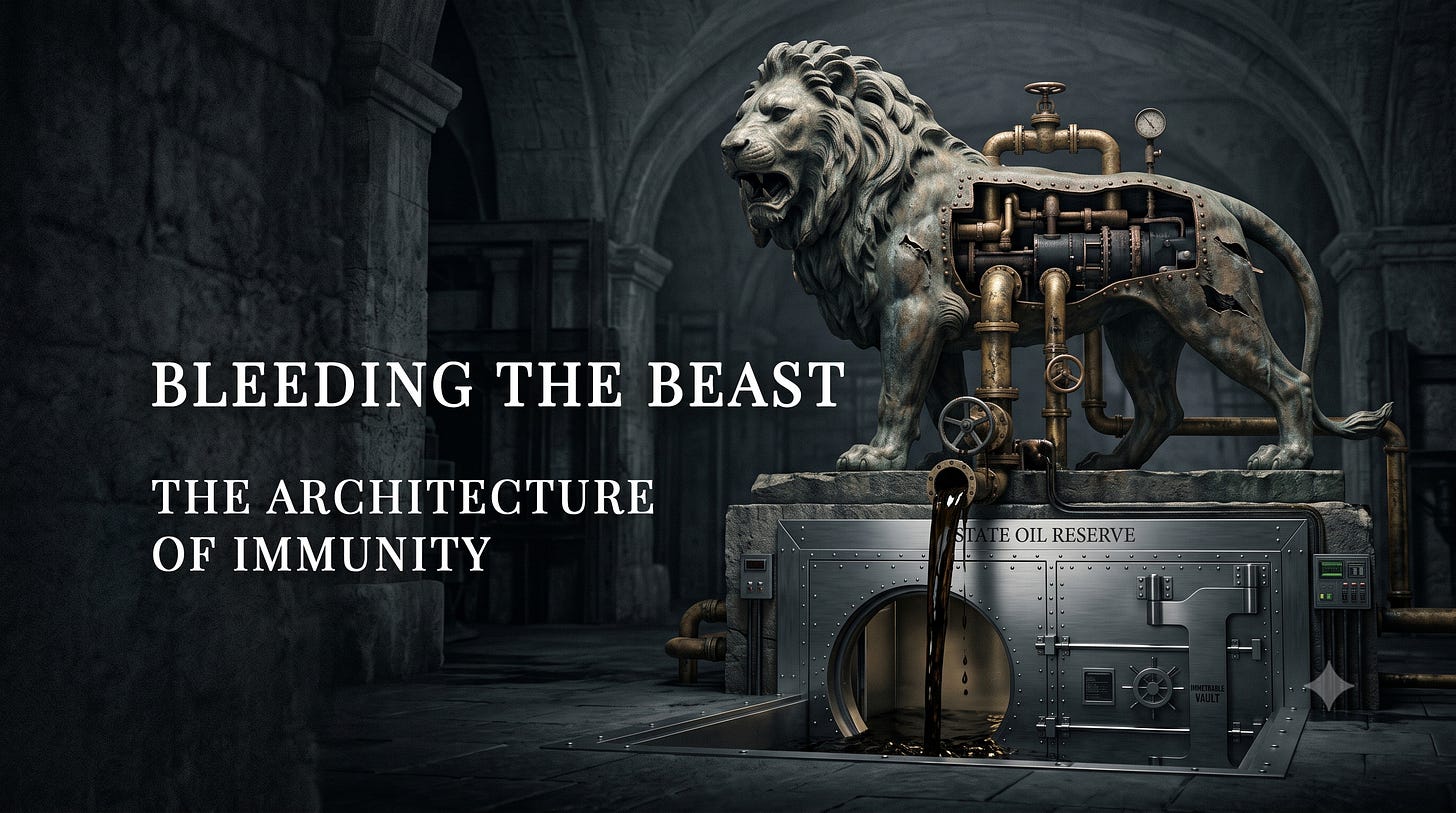 A classical bronze lion state monument heavily modified with brass extraction valves draining its core. Frame: bleeding the beast to build immunity.