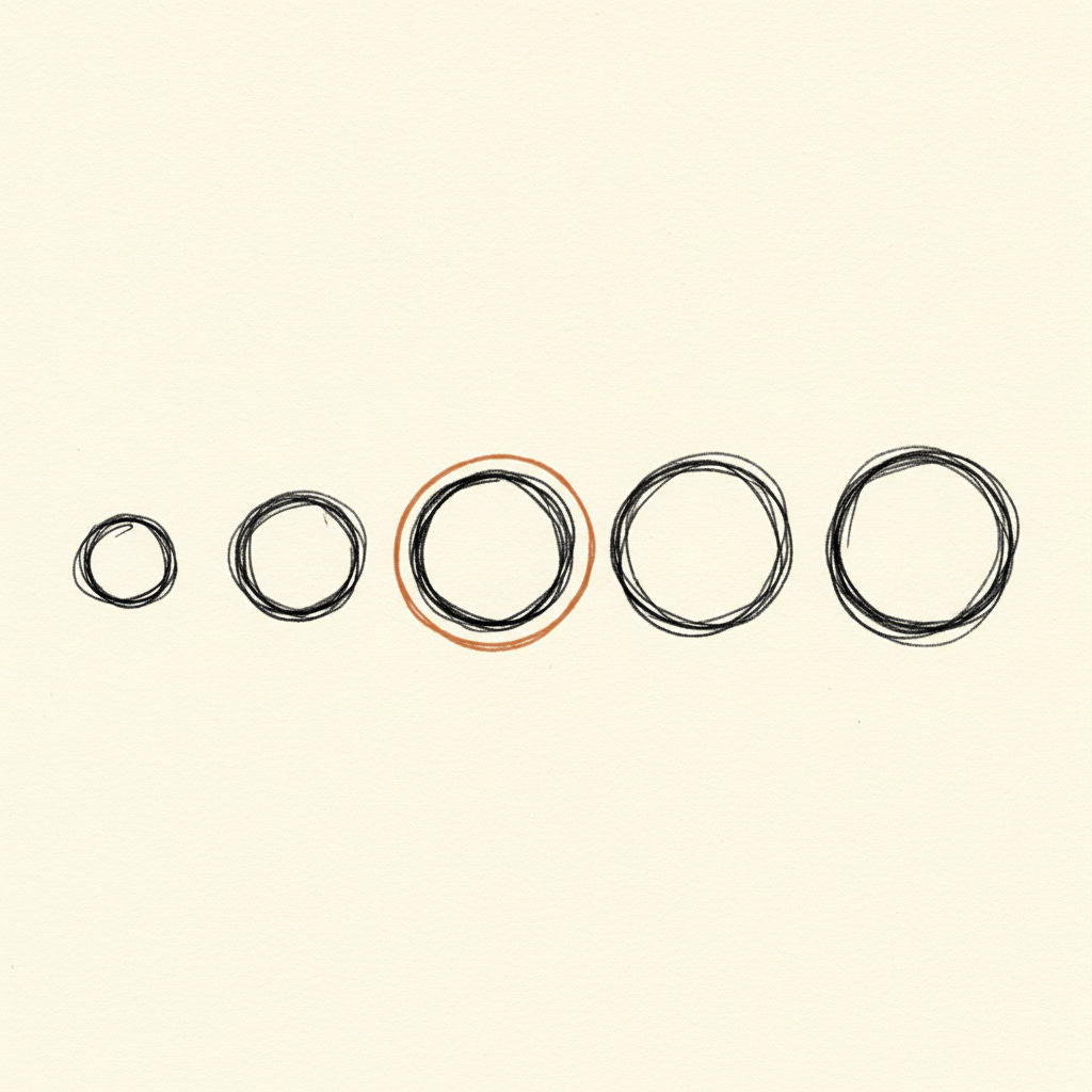 Hero — five circles growing small to large, a spectrum of the models; the middle one ringed in amber as the everyday default