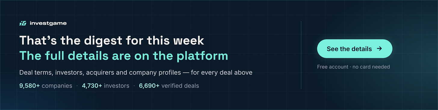 That's the digest for this week. See deal terms, investors, acquirers and company profiles for every deal above on the InvestGame platform: 9,580+ companies, 4,730+ investors, 6,690+ verified deals. Free account, no card needed.