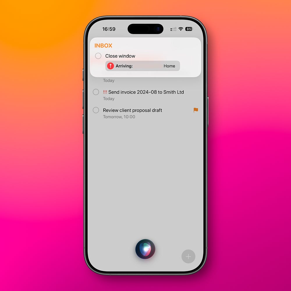 iPhone screen showing Siri creating a reminder using a voice command in Apple Reminders.