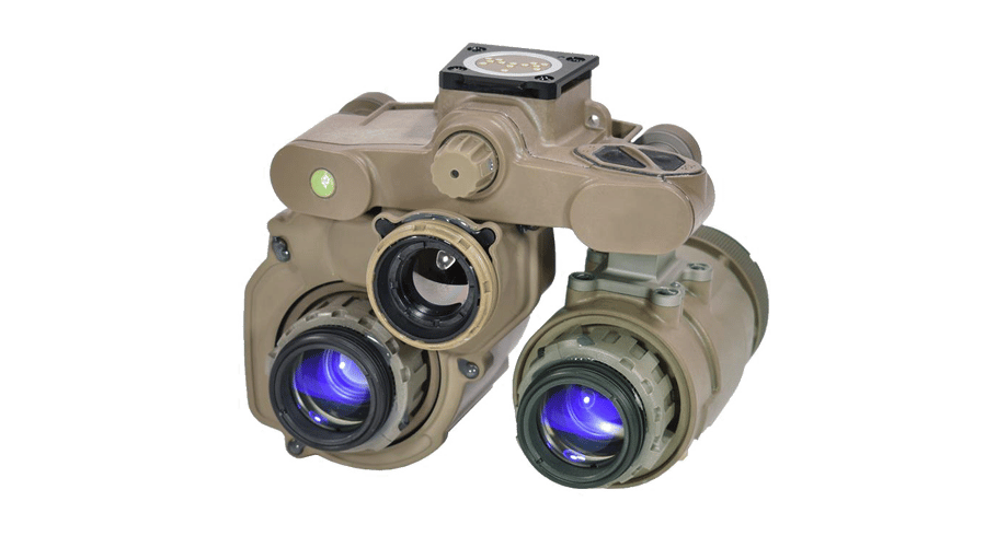 L3Harris NOVA binocular night vision system on a soldier's helmet L3Harris NOVA binocular night vision system on a soldier's helmet