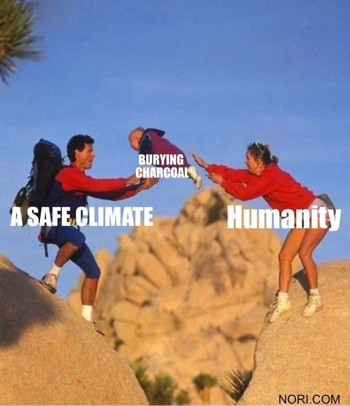 Photo of two climbers on rocks passing a baby across a gap. The man is labelled "A safe climate", the woman "Humanity", and the baby "Burying charcoal".