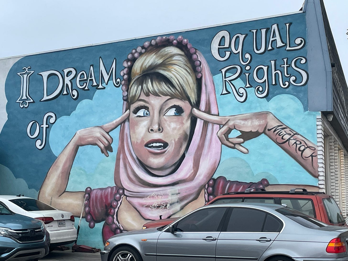 Image of mural in Los Angeles - I dream of equal rights - using imagery of I dream of Jeannie