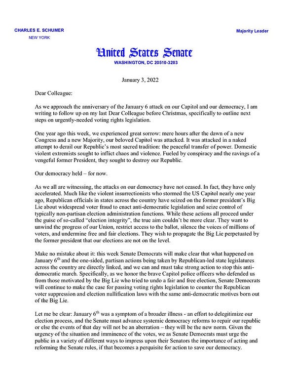 Page 1 of the letter from Majority Leader Chuck Schumer to the Senate Democratic Caucus outlining the next steps in the Senate on voting rights legislation, January 3, 2022.
