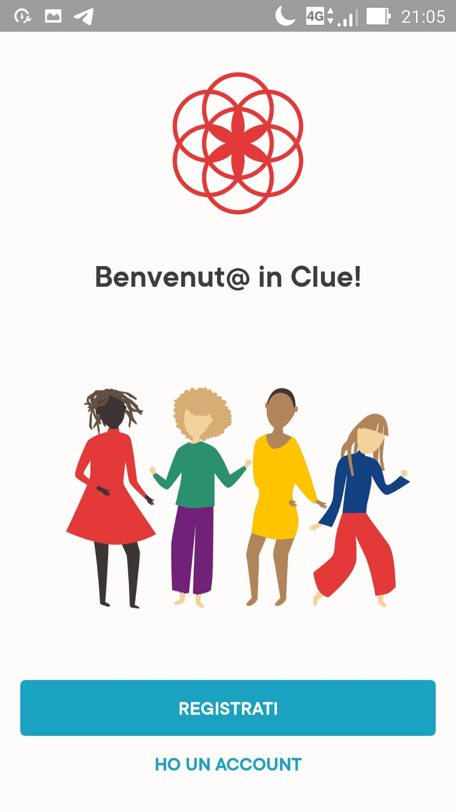 Schermata di registrazioni di Clue che dice "Benvenut@ in Clue!"