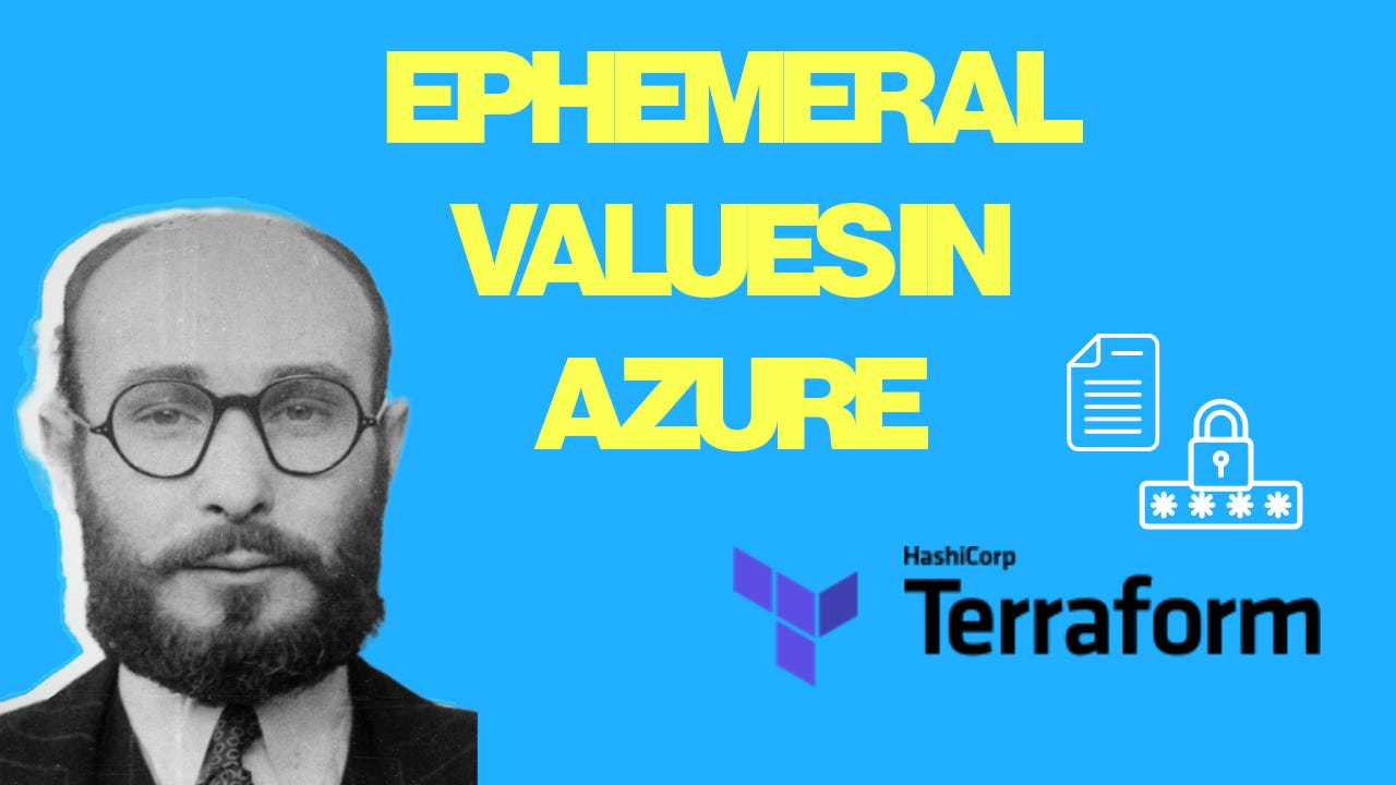 Alt-Text (barrierefrei & SEO-optimiert, inkl. Branding):  "Schwarz-weiß-Porträt von Juan Pujol (Garbo) links; auf knallig blauem Hintergrund steht in großer gelber Schrift »EPHEMERAL VALUES IN AZURE«. Rechts daneben ein Dokument-Icon und ein Schloss-Icon mit Passwort-Sternen sowie das violette Terraform-Logo. Visual wirbt für den Newsletter von Matthias Braun und erklärt den sicheren Einsatz flüchtiger (ephemeral) Werte in Azure mit Terraform."