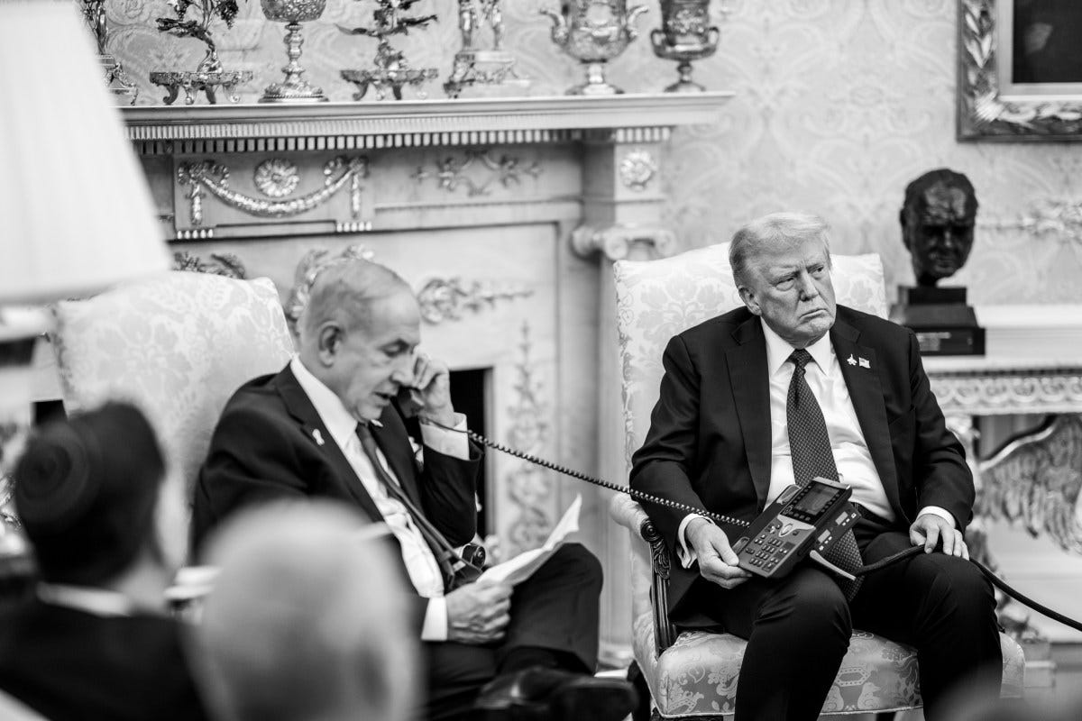 President Donald Trump leads a trilateral phone call with Israeli Prime Minister Benjamin Netanyahu and Qatari Prime Minister Mohammed bin Abdulrahman bin Jassim Al Thani discussing the U.S. peace plan for Gaza, Monday, September 29, 2025, in the Oval Office. (Official White House Photo by Daniel Torok)