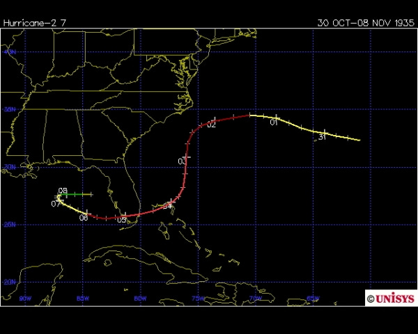 Track of the Yankee hurricane 1935 (Unisys)