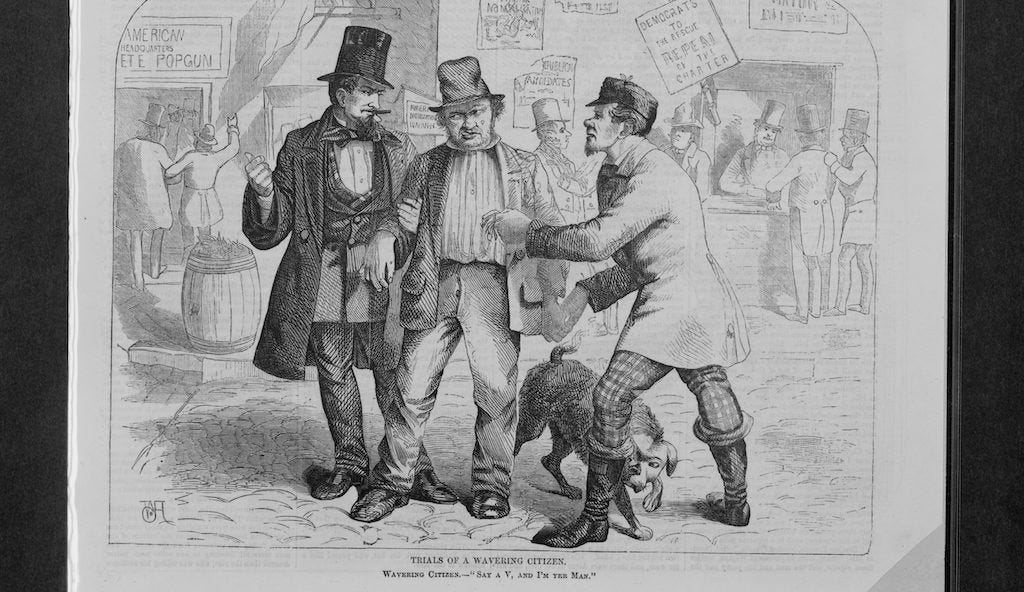 A depiction of corrupt politicians trying to swell the votes through coercion in the 1800s. Library of Congress.