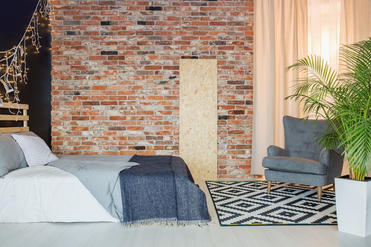 A modern sleeping space with bed, sofa and a plant