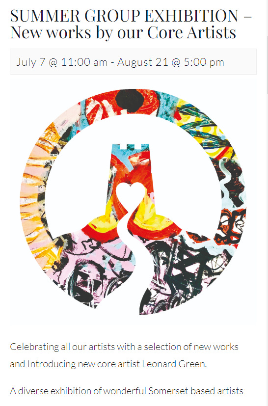 Colourful poster image of the gallery logo, and Summer Exhibition info