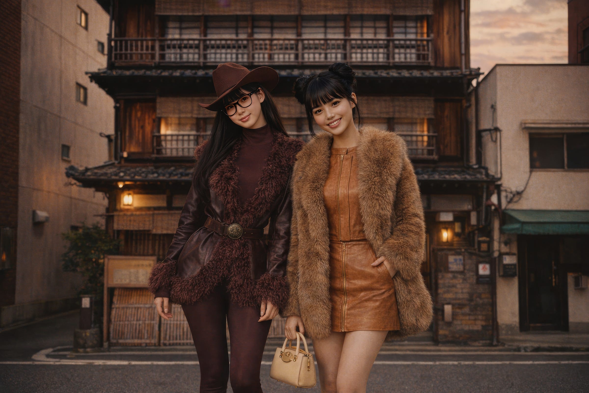 Two stylish women in autumn fashion posing before a traditional wooden Japanese townhouse at dusk