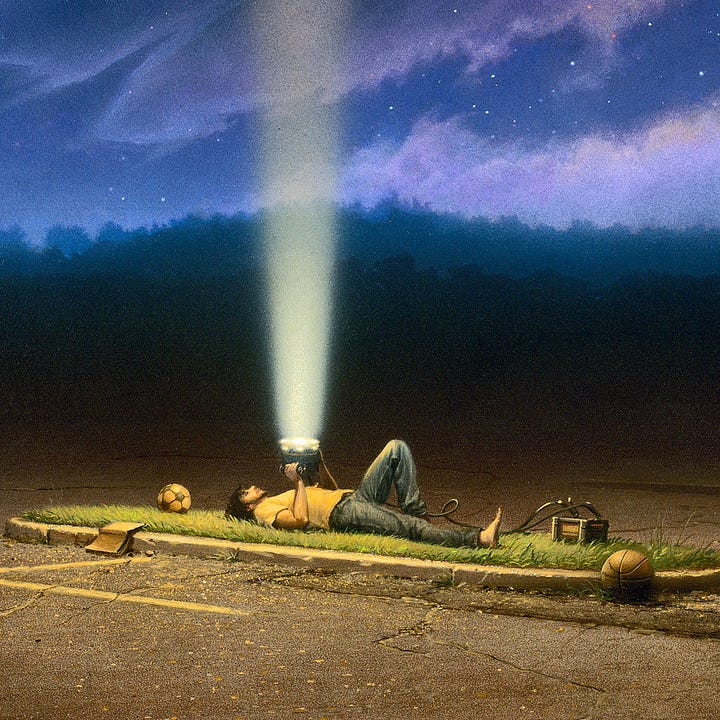 LEFT: Detail from THE ASTROPHYSICIST featuring a narrow grassy island surrounded by blacktop striped yellow for parking spaces. A man lies on his back there shining a spotlight up to the heavens. A swath of trees runs shadowy along the horizon. Above a beautiful night sky of swirling celestial clouds is interrupted only briefly by the stippling of stars.  RIGHT Detail from THE ASTROPHYSICIST featuring a desolate parking lot. The cracked blacktop is striped with yellow paint. A man lies back on a narrow island covered with grass. Jumper cables run from a battery to the spotlight he is pointing straight up into the heavens.
