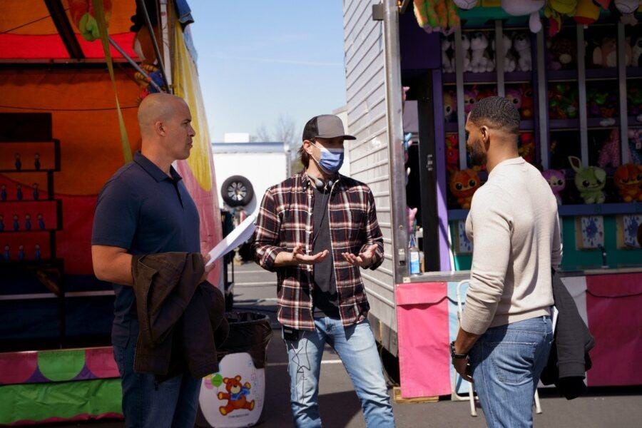 Jensen Ackles directing Trey and Coby Bell with mask on Walker set. Jensen Ackles directing Trey and Coby Bell with mask on Walker set.