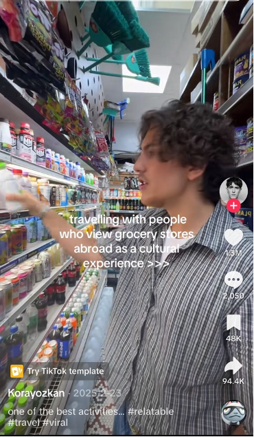 a still from korayozkan's tiktok feed where he is exploring a grocery store in detail to experience local products