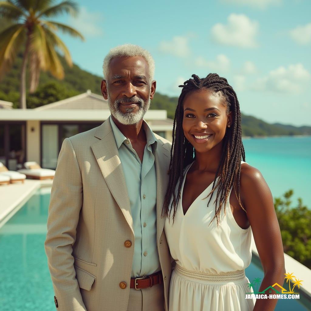 A stately elderly couple, radiating refinement and poise, stands proudly before their sleek, modern beachfront villa, The Pinnacle of Life, in Montego Bay. The distinguished gentleman, with warm, sun-kissed skin and sharp, angular features, exudes an air of wisdom and life experience. His elegant attire, perfectly suited to the tropical setting, complements the refined beauty of the woman beside him. She, a stunning mixed-race beauty with porcelain-like skin and luscious, slightly graying dreadlocks cascading over her shoulders, embodies confidence and poise. Together, they command the frame, set against a breathtaking backdrop of turquoise ocean, swaying palm trees, and sophisticated villa architecture. Influenced by the cinematic styles of Roger Deakins, Emmanuel Lubezki, and Hoyte van Hoytema, this image features rich, cinematic lighting, subtle film grain, and a vignette, evoking the warmth and depth of 35mm film. Color graded to perfection, with a blend of natural and golden tones, this live-action still is a masterpiece of atmospheric, epic storytelling. A stately elderly couple, radiating refinement and poise, stands proudly before their sleek, modern beachfront villa, The Pinnacle of Life, in Montego Bay. The distinguished gentleman, with warm, sun-kissed skin and sharp, angular features, exudes an air of wisdom and life experience. His elegant attire, perfectly suited to the tropical setting, complements the refined beauty of the woman beside him. She, a stunning mixed-race beauty with porcelain-like skin and luscious, slightly graying dreadlocks cascading over her shoulders, embodies confidence and poise. Together, they command the frame, set against a breathtaking backdrop of turquoise ocean, swaying palm trees, and sophisticated villa architecture. Influenced by the cinematic styles of Roger Deakins, Emmanuel Lubezki, and Hoyte van Hoytema, this image features rich, cinematic lighting, subtle film grain, and a vignette, evoking the warmth and depth of 35mm film. Color graded to perfection, with a blend of natural and golden tones, this live-action still is a masterpiece of atmospheric, epic storytelling.