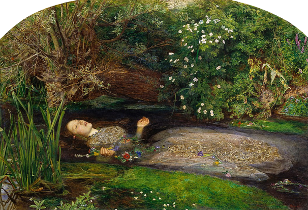 Pintura à óleo de um pequeno trecho de córrego a céu aberto em uma floresta onde há uma moça branca de vestido branco, com flores na mão, descendo boiando rio abaixo. A pintura retrata o momento em que Ofélia está prestes a se afogar, cercada por uma infinidade de flores que simbolizam aspectos do que ela vivenciou, desde a vida e o amor até a morte.