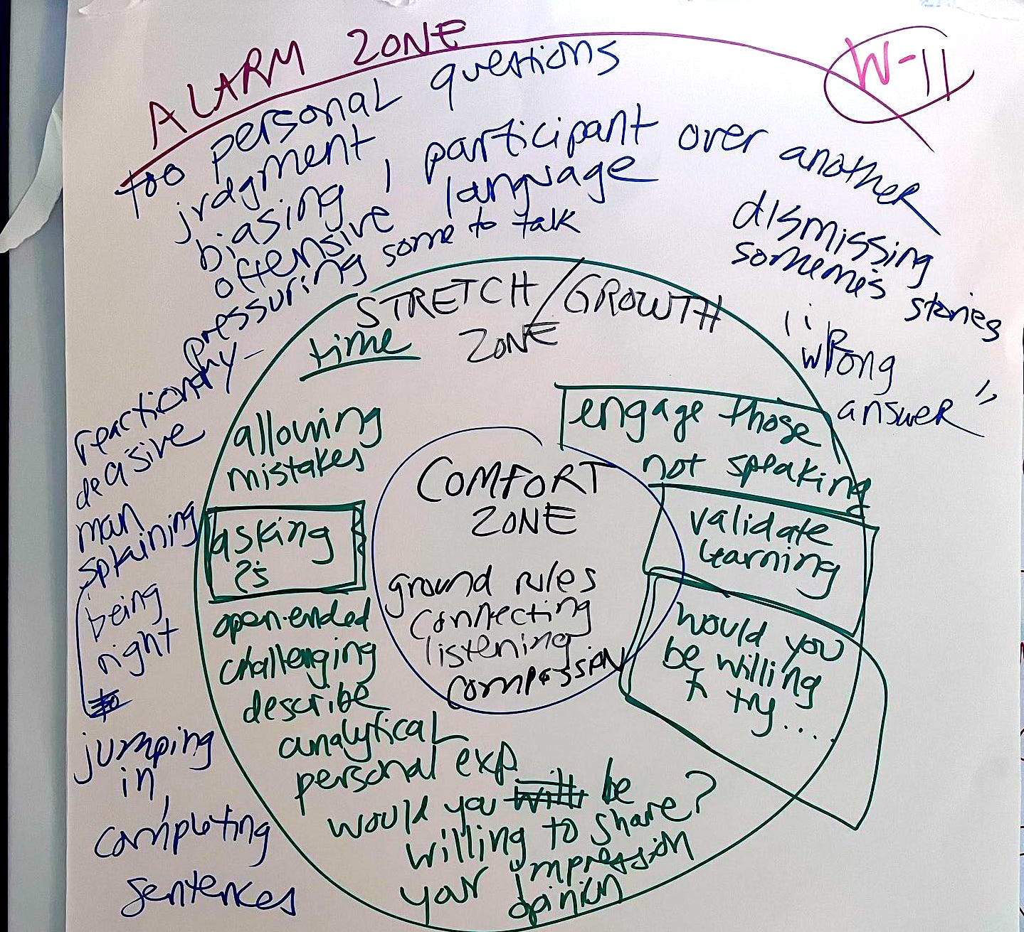 workshop chart paper notes listing "comfort zone," "stretch zone," and "alarm zone" and the types of group engagement in each category