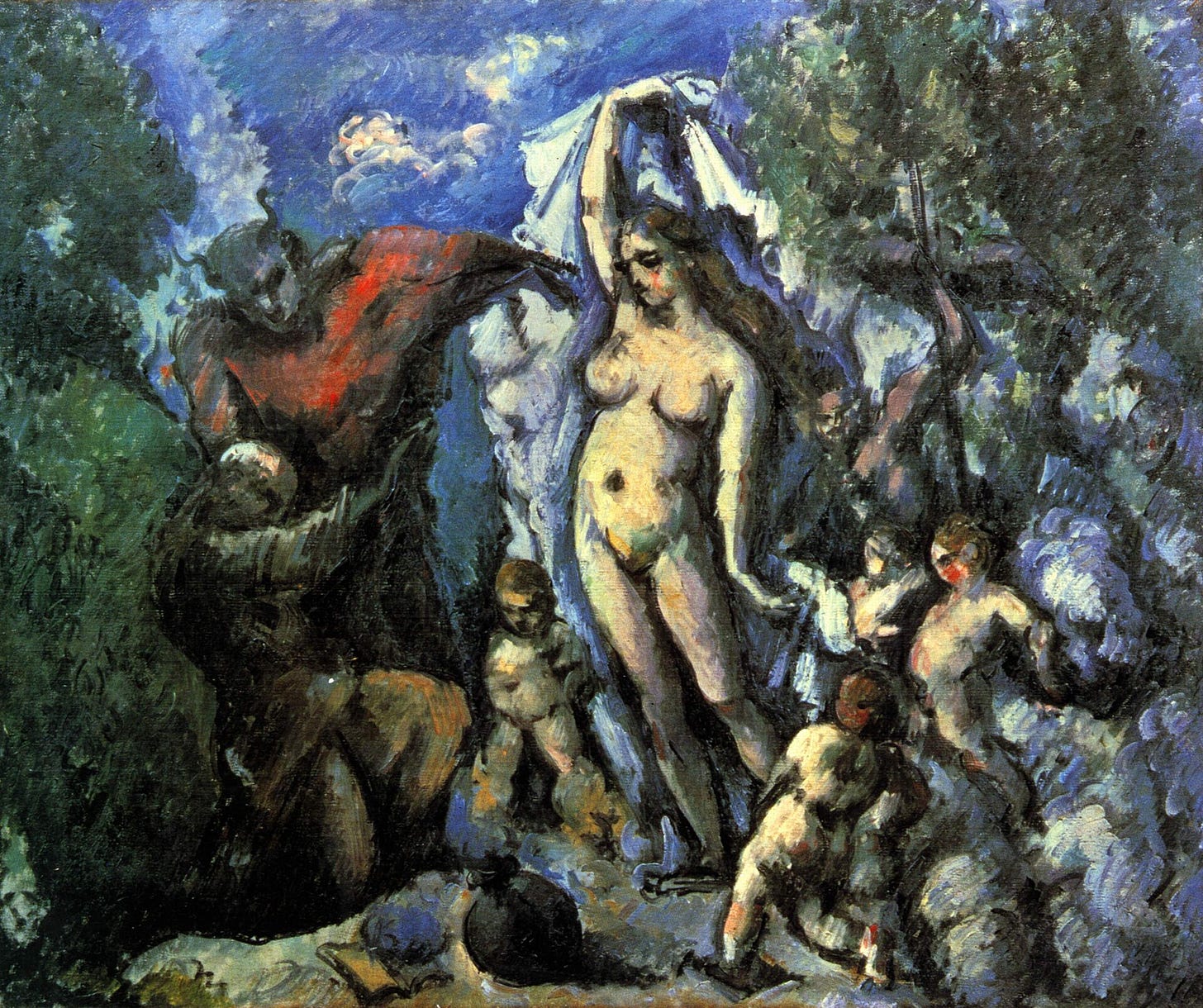 A thickly painted scene in a blue and green landscape: at the left a dark hermit huddles beside a figure in a red cloak, at the center a tall nude woman raises a white veil above her head, and small naked children play around her feet. A thickly painted scene in a blue and green landscape: at the left a dark hermit huddles beside a figure in a red cloak, at the center a tall nude woman raises a white veil above her head, and small naked children play around her feet.
