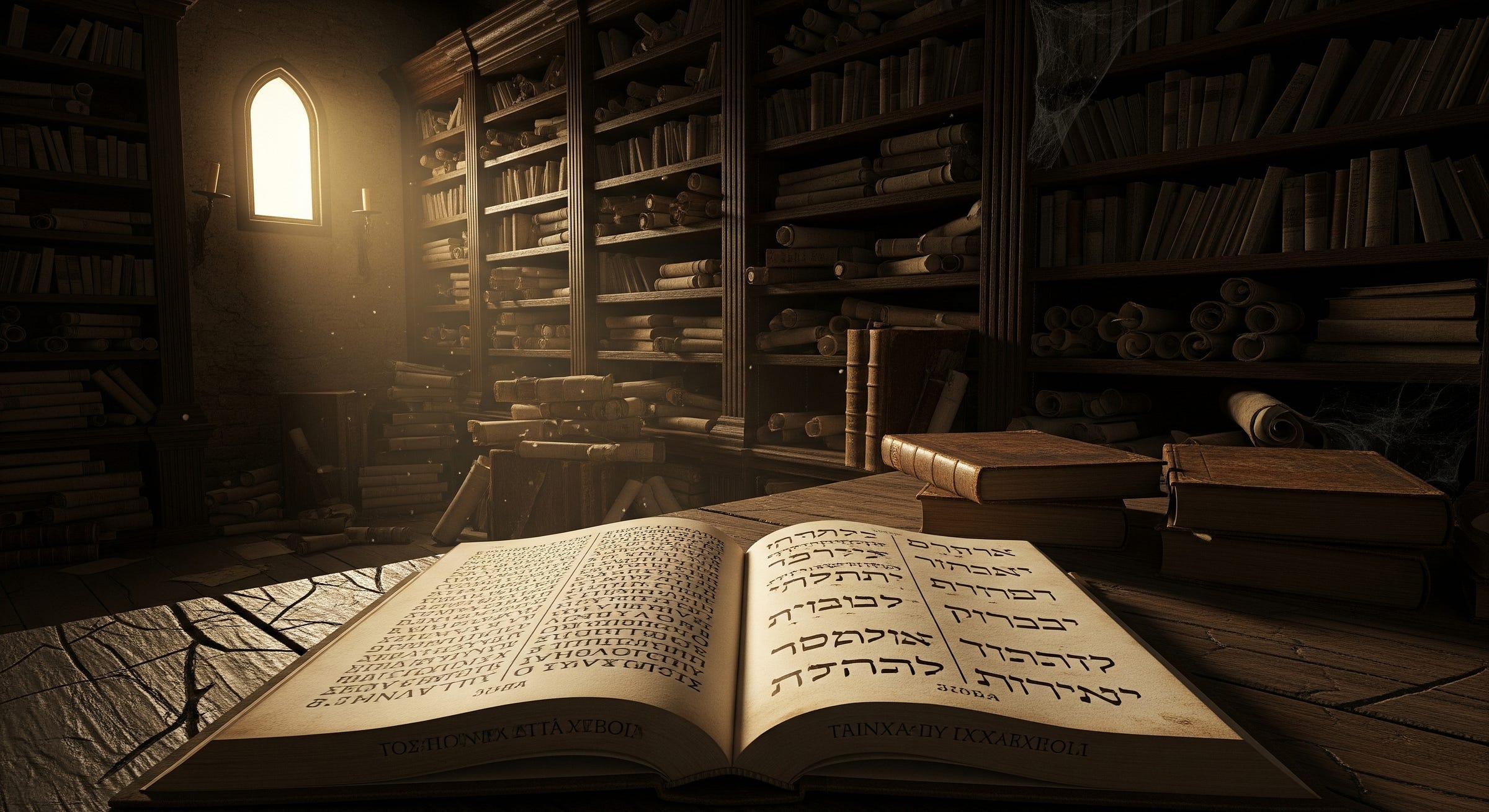 Ancient library with an open manuscript on a wooden table, illuminated by golden light through a window, symbolizing the Bible’s forgotten books. Ancient library with an open manuscript on a wooden table, illuminated by golden light through a window, symbolizing the Bible’s forgotten books.
