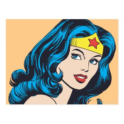 A comic with the face of Wonder Woman, who sports a headband with a star on its brow)