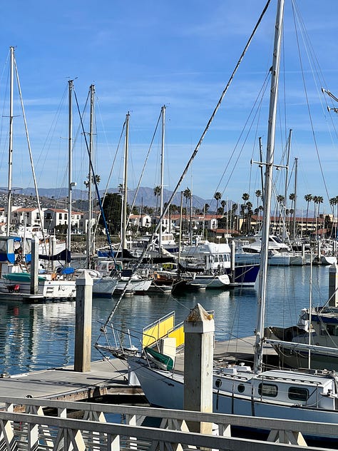 Ventura harbor with boat masts. Red boat. Blue boat. Rose, Natalie and Max eating ice cream. Free mermaid advice: Keep calm and wear pearls. Two dogs sitting together on a rug. A stack of books. Sunset through the trees.