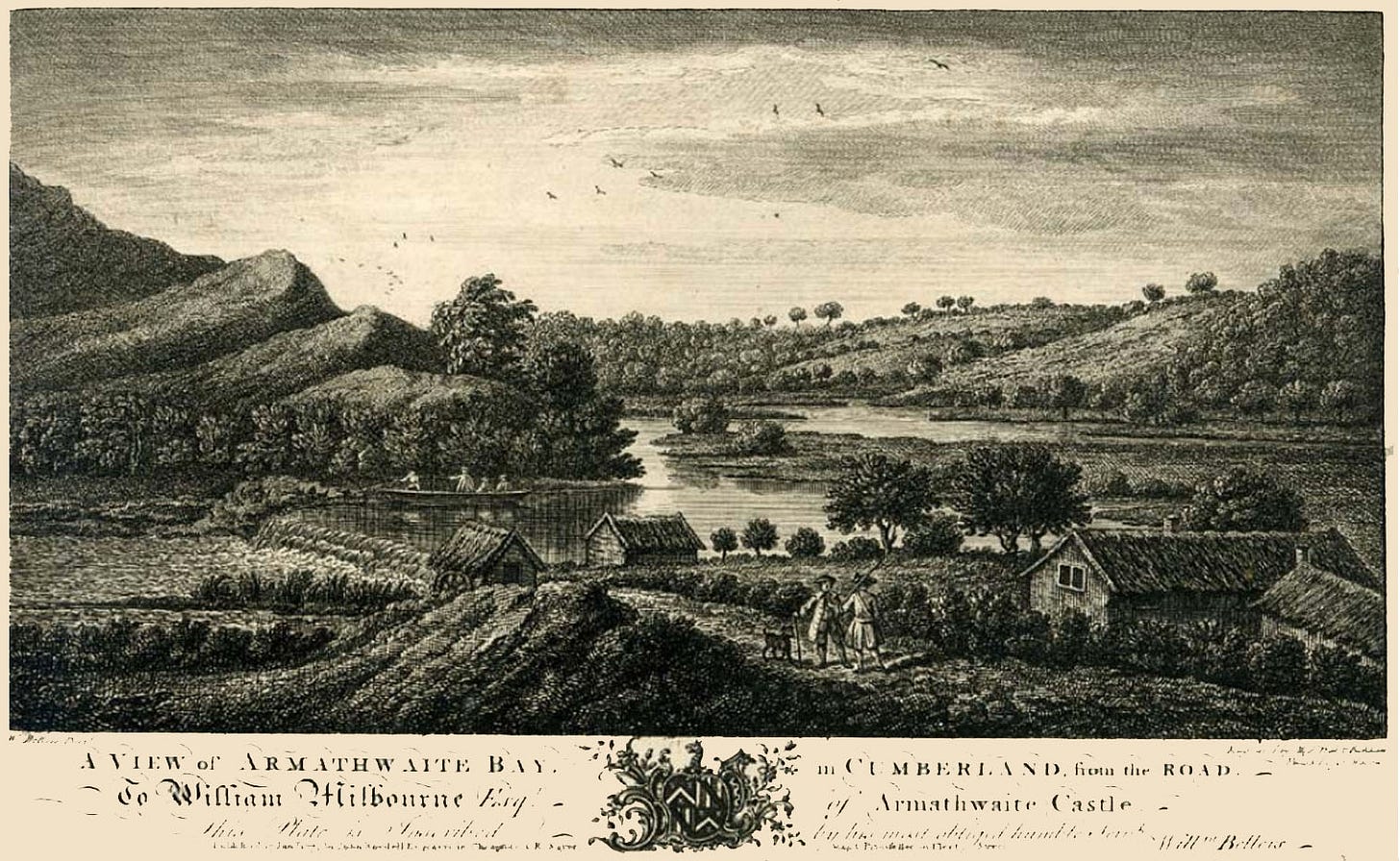 old print, lake, rocky shore