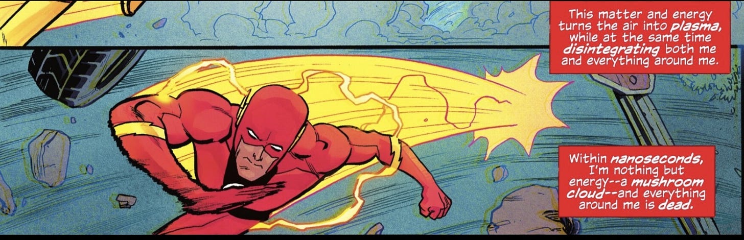 Comic panel of the Flash running at extreme speed, describing how plasma formation and energy release would create an explosion or mushroom cloud.