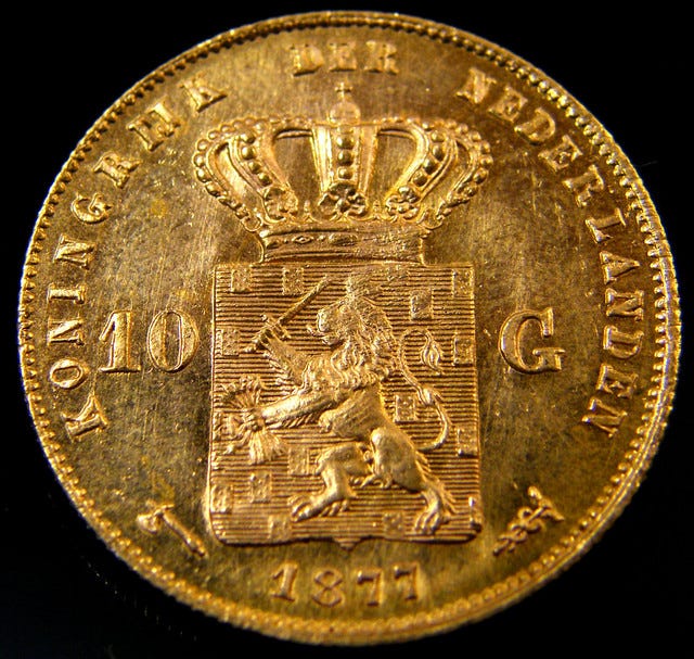 1877 DUTCH GOLD COIN NEDERLANDS 10 GUILDERS CO 153