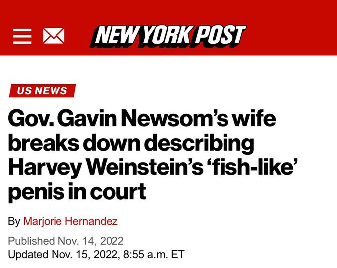 The image is a screenshot of a New York Post article headline, featuring a red banner with the newspaper\'s logo and the text "US NEWS" in smaller font. The headline reads, "Gov. Gavin Newsom\'s wife breaks down describing Harvey Weinstein\'s \'fish-like\' penis in court," with byline "By Jennie Hernandez" and publication details "Posted Nov. 14, 2022, Updated Nov. 15, 2022, 8:55 a.m. ET." The composition is clean and text-heavy, focusing on the sensational news story. The post text from just mike (@denim_axeman) on X labels Jennifer Siebel Newsom negatively as a "washed up failed skank" and references her emotional TikTok post about Trump\'s immigration policies, adding a critical and controversial context. No platform watermarks like Instagram or TikTok are visible. The image is a screenshot of a New York Post article headline, featuring a red banner with the newspaper\'s logo and the text "US NEWS" in smaller font. The headline reads, "Gov. Gavin Newsom\'s wife breaks down describing Harvey Weinstein\'s \'fish-like\' penis in court," with byline "By Jennie Hernandez" and publication details "Posted Nov. 14, 2022, Updated Nov. 15, 2022, 8:55 a.m. ET." The composition is clean and text-heavy, focusing on the sensational news story. The post text from just mike (@denim_axeman) on X labels Jennifer Siebel Newsom negatively as a "washed up failed skank" and references her emotional TikTok post about Trump\'s immigration policies, adding a critical and controversial context. No platform watermarks like Instagram or TikTok are visible.