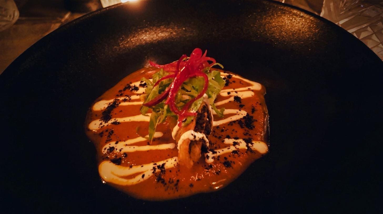 A crisp flauta over a pool of árbol-chile salsa on a black plate, drizzled with crema and topped with pickled red onion and shaved greens, lit by candlelight. A crisp flauta over a pool of árbol-chile salsa on a black plate, drizzled with crema and topped with pickled red onion and shaved greens, lit by candlelight.