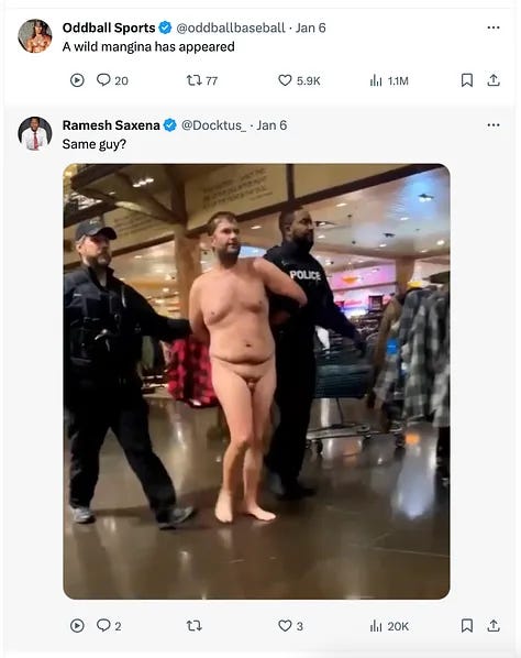 Several screenshots from Twitter where commenters impugn the manhood of the Bass Pro Shop skinny dipper
