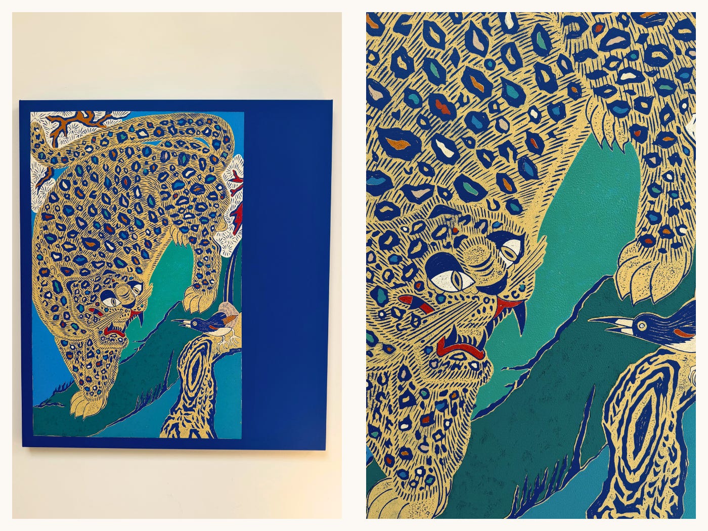 Tiger in Blue (2024) showing stylized tiger patterning and layered marks in cobalt, gold, cream; block printing ink and acrylic on canvas.