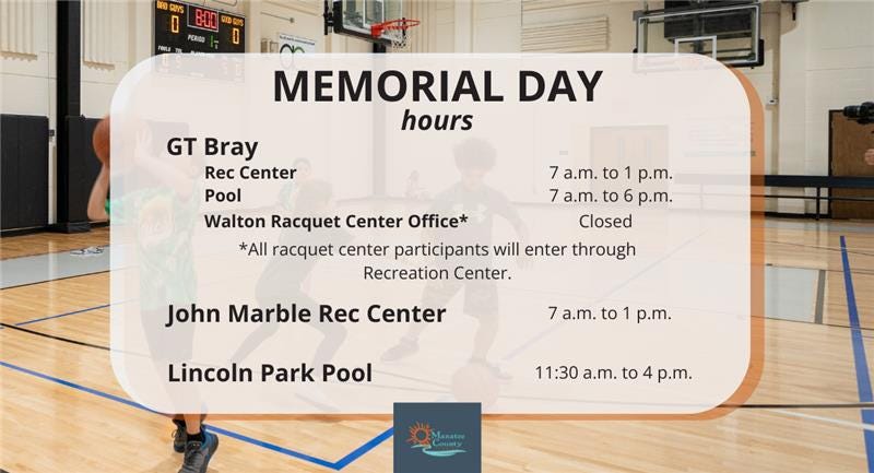 Manatee County Recreation Centers Adjust Hours for Memorial Day