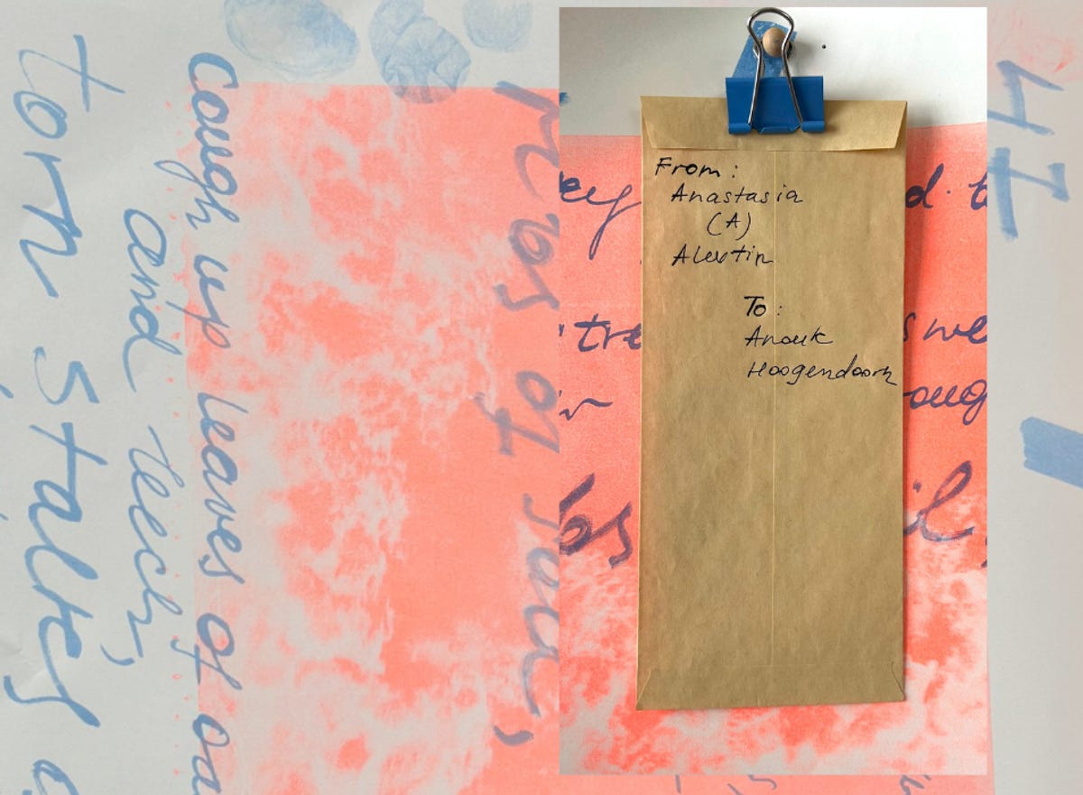 A square collage of a photograph placed on a scanned Riso print, serving as the background. The riso print features rough sea waves printed in neon orange. There are two stones printed in cornflower blue in the upper right corner.The front layer of the collage is a rectangular photo. The photo is aligned to the left; it features an envelope hanging against the same orange-blue Riso print that sits in the background of the collage. There is hand-written text in corn blue crossing over the printed sea waves; it is unreadable. The colours are more saturated in the original print than in the background. The envelope is held by a blue metal binder clip that hangs on the small round wooden pin that attaches the riso print to the wall. The envelope is craft beige. In the upper left corner, it reads ‘From: Anastasia (A) Alevtin.’ The letter A that sits between Anastasia and Alevtin is bracketed. The writing continues in the middle of the envelope. It reads ‘To: Anouk Hoogendoorn.’ The writing is done with a dark blue gel pen.