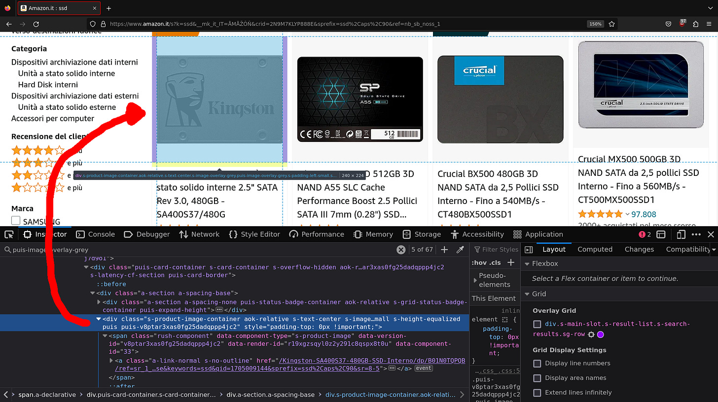 Developer console opened to show the div element corresponding to the first displayed product
