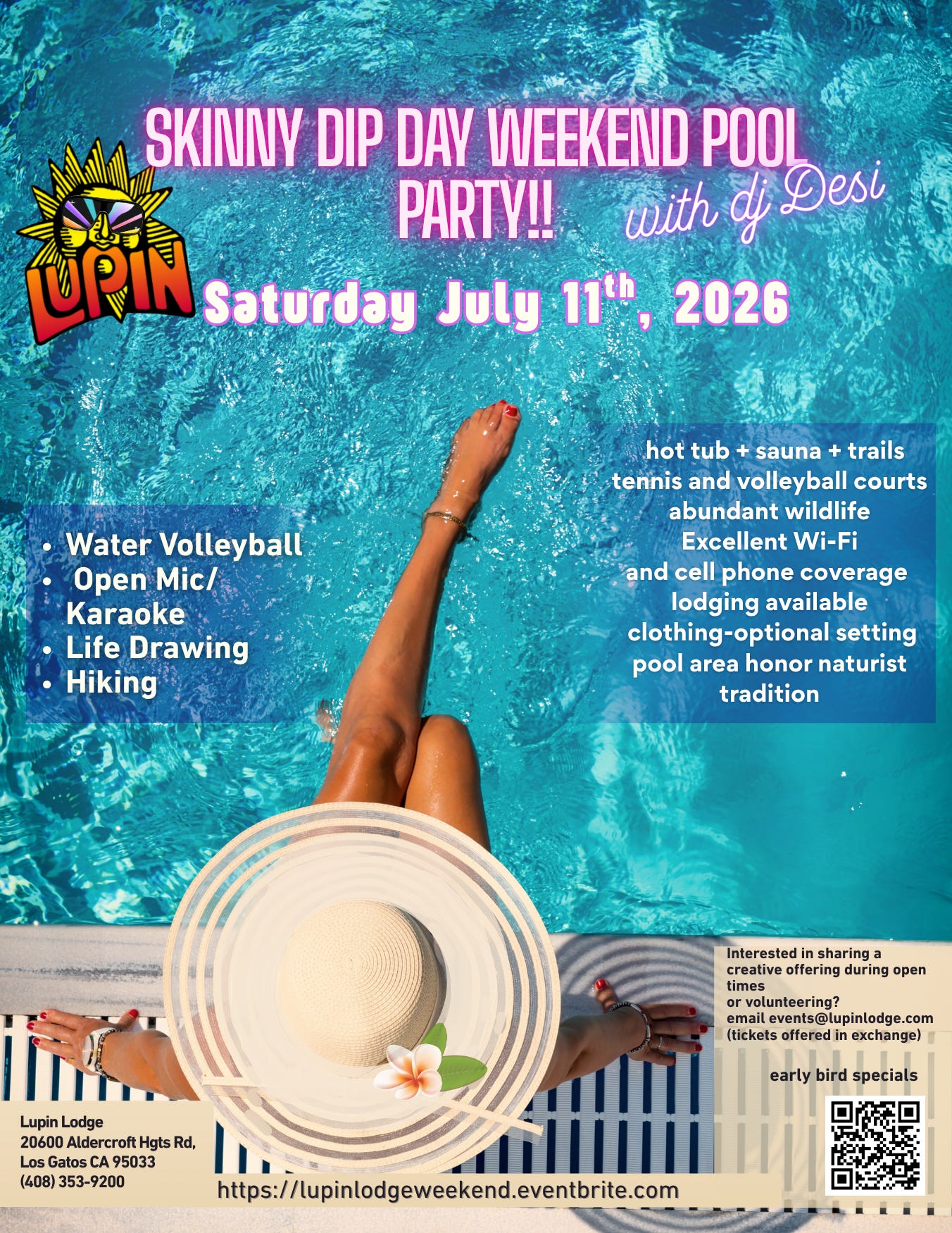 A promotional flyer for Lupin Lodge's "Skinny Dip Day Weekend Pool Party with DJ Desi" on Saturday, July 11, 2026. An overhead photo shows a woman relaxing at a pool's edge, legs raised against turquoise water, a wide-brimmed sun hat resting at her feet. The flyer lists activities including water volleyball, open mic/karaoke, life drawing, and hiking, plus amenities like a hot tub, sauna, trails, and lodging. A promotional flyer for Lupin Lodge's "Skinny Dip Day Weekend Pool Party with DJ Desi" on Saturday, July 11, 2026. An overhead photo shows a woman relaxing at a pool's edge, legs raised against turquoise water, a wide-brimmed sun hat resting at her feet. The flyer lists activities including water volleyball, open mic/karaoke, life drawing, and hiking, plus amenities like a hot tub, sauna, trails, and lodging.