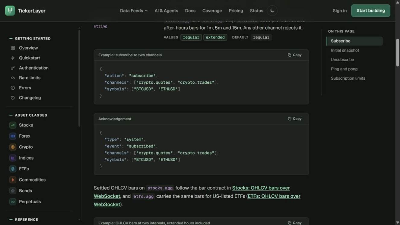 TickerLayer website showing a WebSocket subscription and its acknowledgement TickerLayer website showing a WebSocket subscription and its acknowledgement